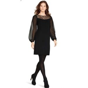 WHBM Shift Dress 10 Black Career Church Washable 3/4 Long Sleeve Lattice Trim